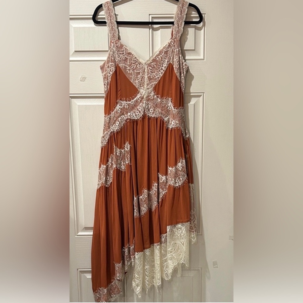 Anthropologie Asymmetrical Dress Terracotta and Ivory Lace Size 4